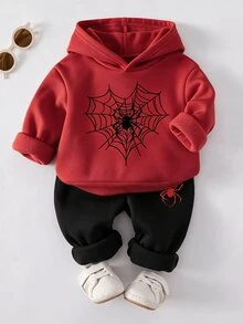 SHEIN 2pcs Baby Boy Fashion Spiderweb Print Hooded Fleece Sweatshirt And Spiderweb Print Fleece Sweatpants Set, Suitable For Outings In Autumn/Winter Fall - Multicolor - View 4