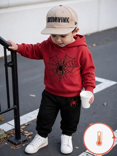 SHEIN 2pcs Baby Boy Fashion Spiderweb Print Hooded Fleece Sweatshirt And Spiderweb Print Fleece Sweatpants Set, Suitable For Outings In Autumn/Winter Fall