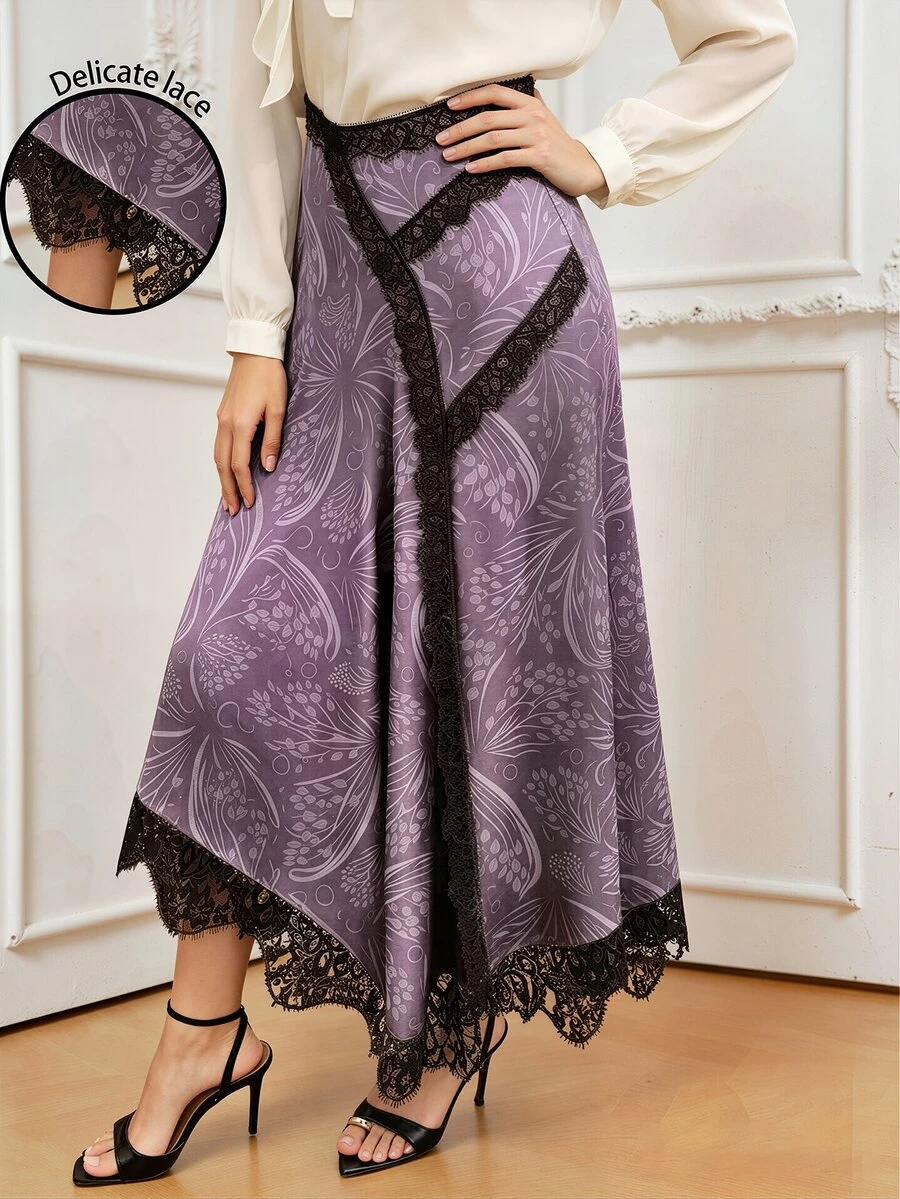 Modelyn 法式復古紫色蝴蝶與花卉印花女款裙,時尚蕾絲拼接不對稱下擺高腰A字裙,適合秋冬/夏季休閒日常穿著與聚會 - 彩色 - 查看 1