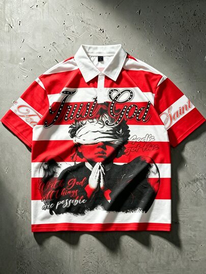 Street Life Teen Boy Collegiate Style Letter & Character Print Casual Spring/Summer Streetwear American Short Sleeve Polo T-Shirt