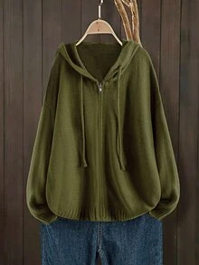 EMERY ROSE Plus Size Women's Casual Zip-Up Long Sleeve Hooded Knit Cardigan - Dark Green - View 1