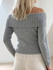 Omancia Women's Solid Color Off-Shoulder Lapel Knit 2 In 1 Patchwork Hollow Lace Trim Hem Age-Reducing French Relaxed Minimalist Knit Top - Dusty Blue - View 4