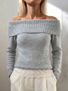 Omancia Women's Solid Color Off-Shoulder Lapel Knit 2 In 1 Patchwork Hollow Lace Trim Hem Age-Reducing French Relaxed Minimalist Knit Top - Dusty Blue - View 5