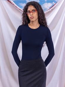 East & Noor 2pcs/Set Casual Minimalist Basic Modest Solid Color Knit Crew Neck Long Sleeve Bodysuit For Women Black White Day Time Office Working Navy Blue Summer - Navy Blue - View 6