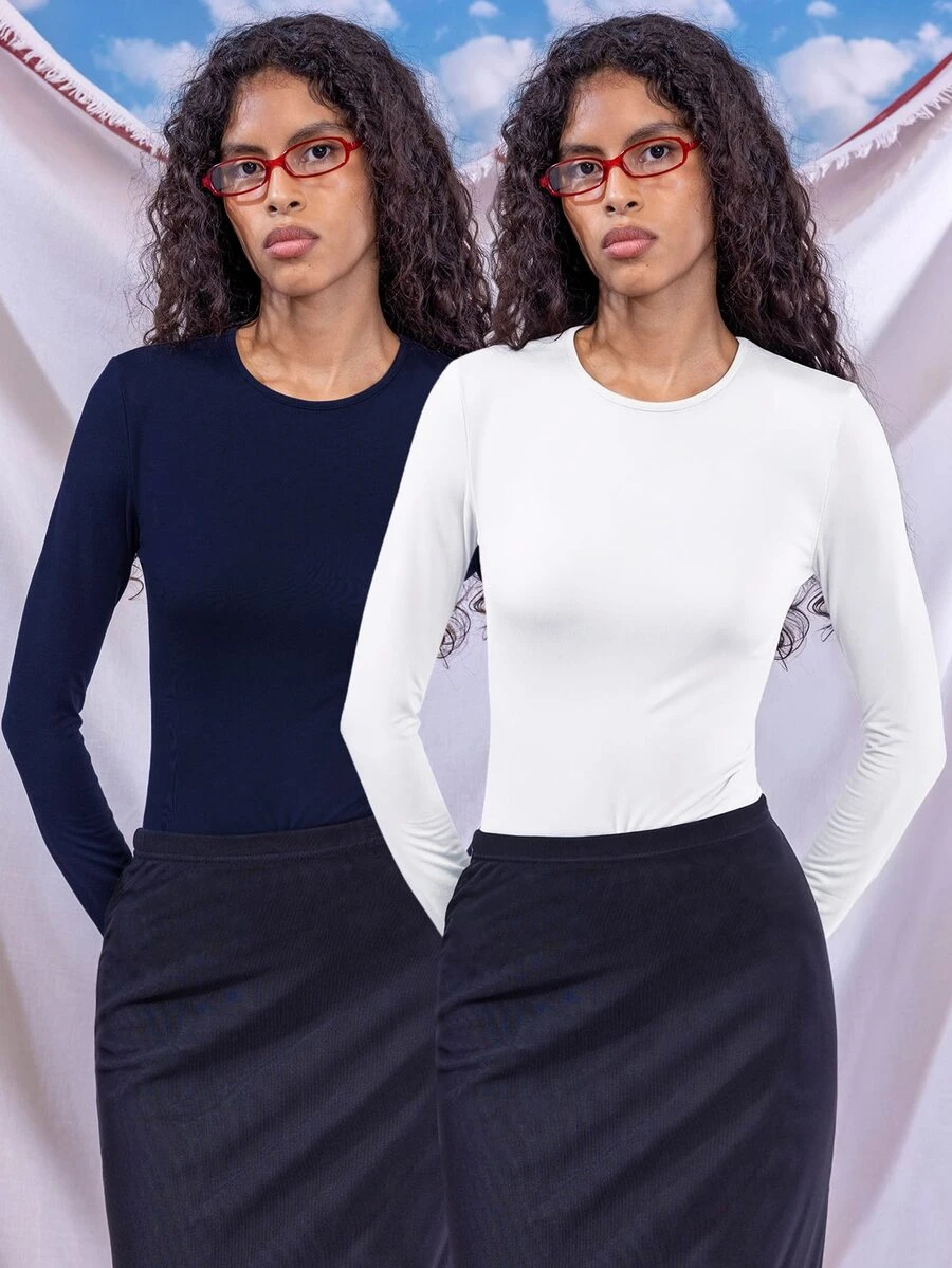 East & Noor 2pcs/Set Casual Minimalist Basic Modest Solid Color Knit Crew Neck Long Sleeve Bodysuit For Women Black White Day Time Office Working Navy Blue Summer