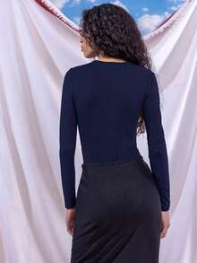 East & Noor 2pcs/Set Casual Minimalist Basic Modest Solid Color Knit Crew Neck Long Sleeve Bodysuit For Women Black White Day Time Office Working Navy Blue Summer - Navy Blue - View 3