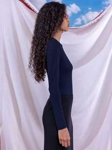 East & Noor 2pcs/Set Casual Minimalist Basic Modest Solid Color Knit Crew Neck Long Sleeve Bodysuit For Women Black White Day Time Office Working Navy Blue Summer - Navy Blue - View 4