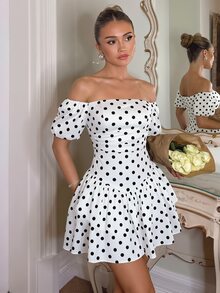 SHEIN Women's Elegant Cute Sexy Dress, Black And White Polka Dot Print Fashion Dress, Suitable For Casual, Vacation, Romantic Date, Holiday Party, Campus, Daily Wear, Elegant Cute Princess Dress - White - View 1
