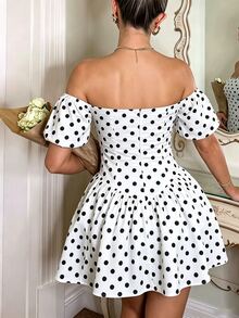 SHEIN Women's Elegant Cute Sexy Dress, Black And White Polka Dot Print Fashion Dress, Suitable For Casual, Vacation, Romantic Date, Holiday Party, Campus, Daily Wear, Elegant Cute Princess Dress - White - View 2