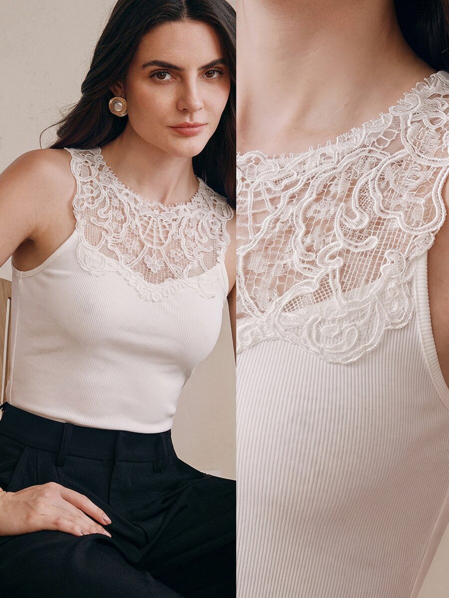 Anewsta Elegant French Romantic Heavy Lace Sleeveless Tank Top Women Fitted Waist Base Layer Innerwear Outerwear Dual-Use Brunch Tea Party Off-White Summer - Apricot - View 1
