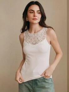 Anewsta Elegant French Romantic Heavy Lace Sleeveless Tank Top Women Fitted Waist Base Layer Innerwear Outerwear Dual-Use Brunch Tea Party Off-White Summer - Apricot - View 3