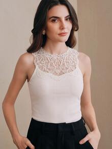 Anewsta Elegant French Romantic Heavy Lace Sleeveless Tank Top Women Fitted Waist Base Layer Innerwear Outerwear Dual-Use Brunch Tea Party Off-White Summer - Apricot - View 4
