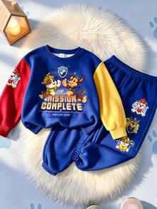 SHEIN | PAW Patrol GraphicGems 小男孩圓領拼色卡通圖案長袖衛衣與運動長褲休閒日常套裝 - 寶藍色 - 查看 4
