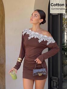 Siren Gaze New Brown Lace Patchwork Bodycon Dress For Women - Brown - View 10