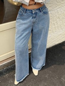 Dazy Plus Light Wash Distressed Wide Leg Long Jeans, Suitable For Tall Women, Plus Size, Spring/Summer - Light Wash - View 5