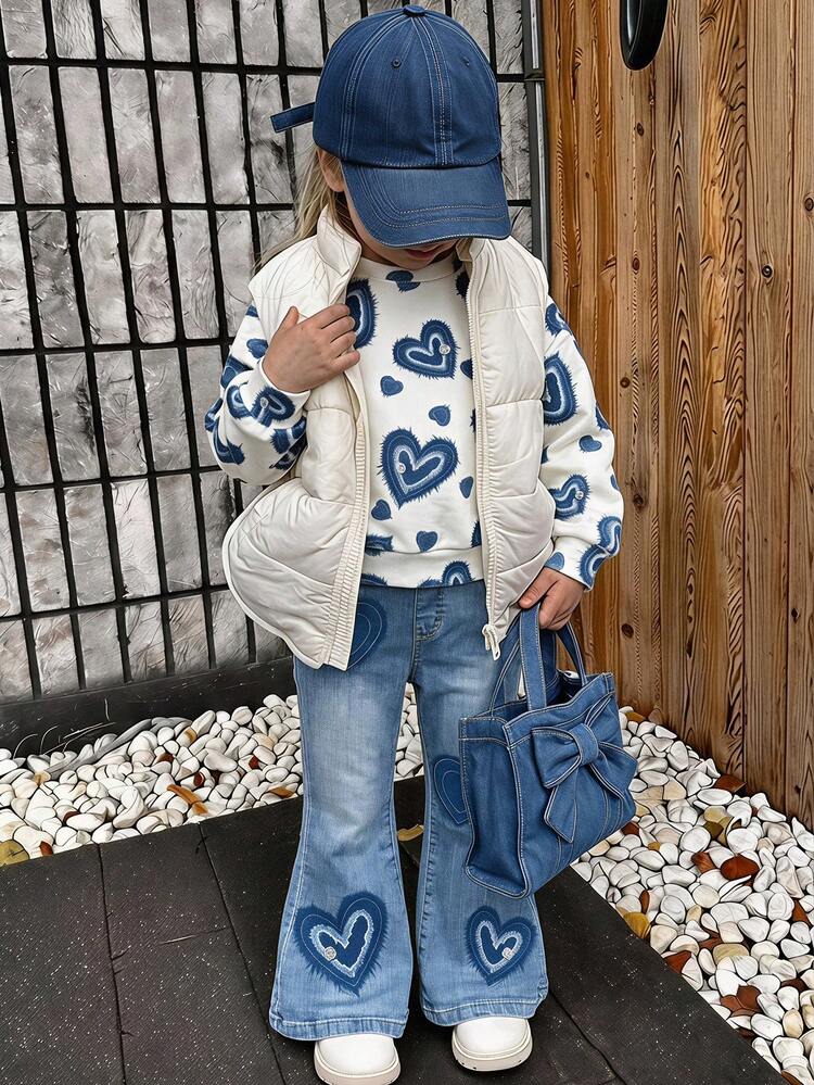 Vintage Heart Print Pattern, Chill Chill, Baby Girl Casual Knitted Soft Thick Crew Neck Long Sleeve Sweatshirt And Flare Pants Set, Suitable For Autumn/Winter, Street Vintage Style, Relaxed And Comfortable, Children's Autumn Layering, Y2K Style, Winter Clothing, Sports Set - Multicolor - View 8