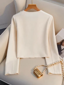 SHEIN Franclia 女款優雅奶油白短版雙排扣拿破崙風西裝外套 西式復古風 適合辦公室、早午餐、教師節、秋季 - 米色 - 查看 3