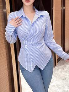 SHEIN Women's Blue And White Stripe Long Sleeve Wrap Blouse, Spring Autumn Women Shirt Office Brunch Stripe Smart Casual Elegant - Blue - View 6