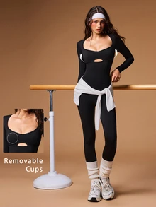 VARSIVA Solid Color Twist Backless Fitted Sports Jumpsuit - Black - View 2