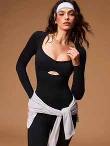 VARSIVA Solid Color Twist Backless Fitted Sports Jumpsuit - Black - View 8