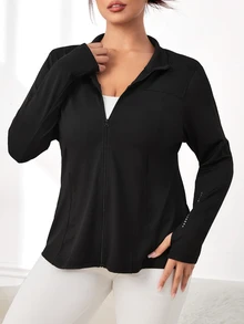 SHEIN Rhythm Era Plus Size Reflective Polka Dot Print Long Sleeve Zipper Jacket With Thumb Holes Fall - Black - View 3