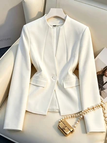 SHEIN Franclia Women's Cream Stand Collar Stitched Waist Blazer: Elegant One-Button Suit Jacket For Spring, Fall, O - White - View 5