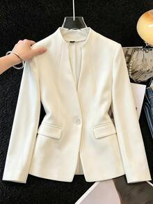SHEIN Franclia Women's Cream Stand Collar Stitched Waist Blazer: Elegant One-Button Suit Jacket For Spring, Fall, O - White - View 7