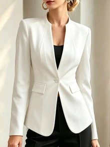 SHEIN Franclia Women's Cream Stand Collar Stitched Waist Blazer: Elegant One-Button Suit Jacket For Spring, Fall, O - White - View 4