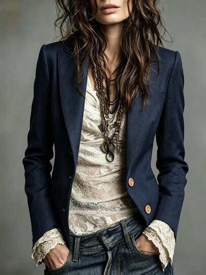 SHEIN Women's Elegant Jacket, Women's Fashion, Vintage Royal Blue Slim Fit Waist-Cinching Commuter Long Sleeve Professional Blazer, Minimalist High-End Deep Blue Slim Fit Waist-Cinching Faux Pocket Commuter Long Sleeve Blazer