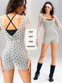 VARSIVA Women's Polka Dot Print 2 In 1 Long Sleeve Athletic Romper - Black and White - View 10