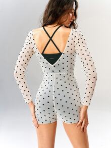 VARSIVA Women's Polka Dot Print 2 In 1 Long Sleeve Athletic Romper - Black and White - View 8