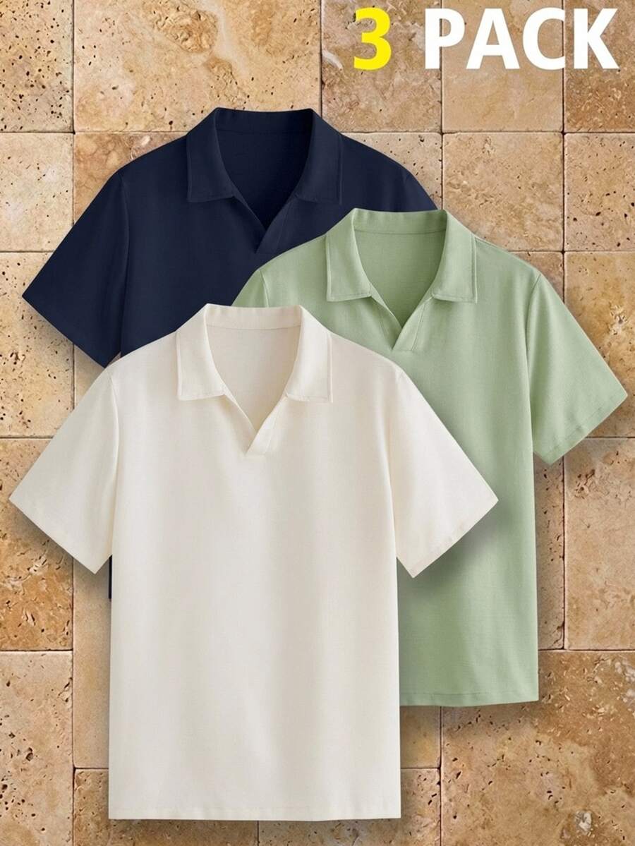 HIMLAND 男士 Polo 衫 3 件組,Johnny 領短袖開領 V 領 Polo 衫,夏季純色紋理針織上衣,休閒高爾夫球衫,3 件男裝 - 彩色 - 查看 1