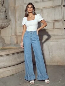 Anewsta Trending Ruffle Design Relaxed Fit High Waist Slimming Cute Minimalist Sexy Style Light Blue Straight Leg Jeans For Women 2026 New Fashion - Light Wash - View 5
