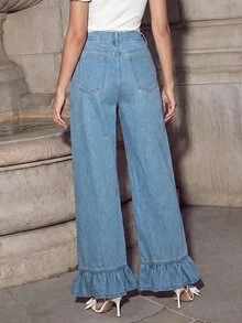 Anewsta Trending Ruffle Design Relaxed Fit High Waist Slimming Cute Minimalist Sexy Style Light Blue Straight Leg Jeans For Women 2026 New Fashion - Light Wash - View 2