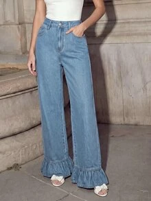 Anewsta Trending Ruffle Design Relaxed Fit High Waist Slimming Cute Minimalist Sexy Style Light Blue Straight Leg Jeans For Women 2026 New Fashion - Light Wash - View 6