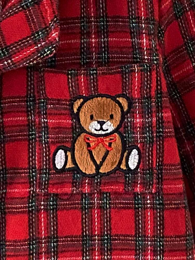 2pcs/Set Autumn/Winter Girls Toddler Home Wear INS Style Fashion Vintage Red Plaid Exquisite Cute Bear Pocket Embroidery Casual Comfortable Lapel Cardigan Long Sleeve Pants Set - Red - View 6