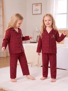 2件組 秋冬女童幼兒居家服 INS風 時尚復古紅色格紋 精緻可愛熊口袋刺繡 休閒舒適翻領開襟針織外套長袖褲套裝 - 紅色 - 查看 8