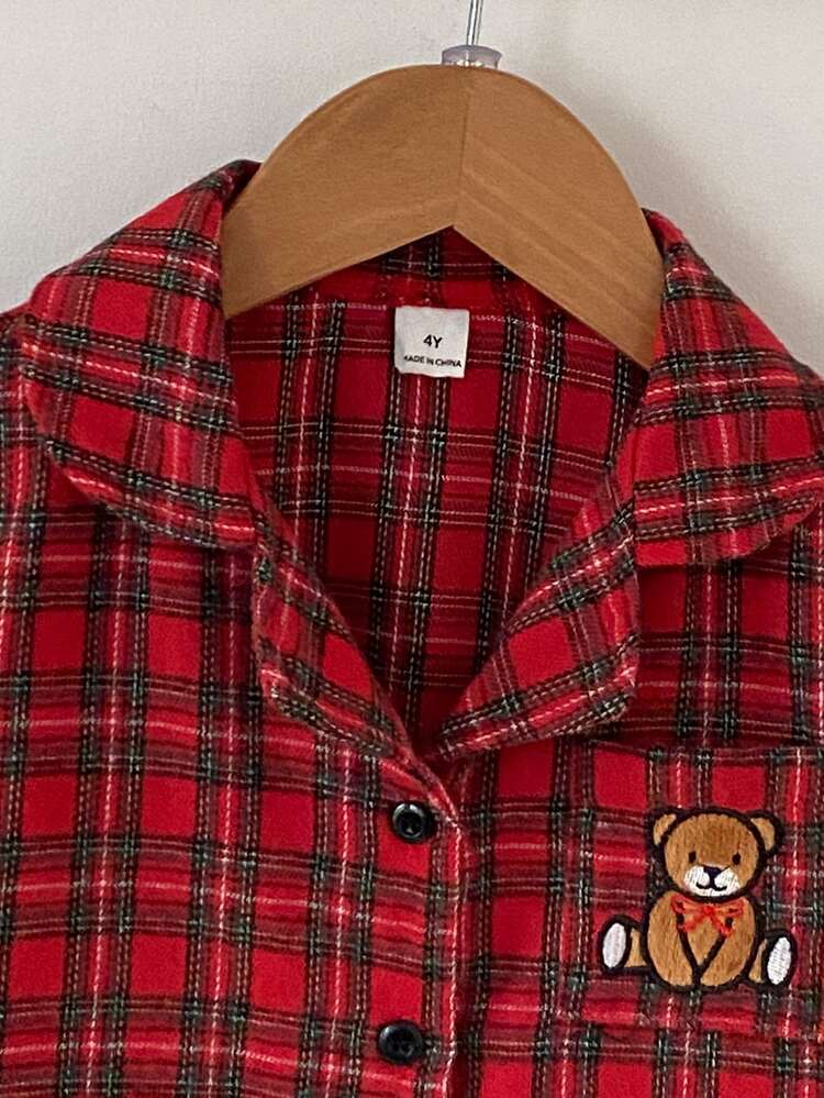 2pcs/Set Autumn/Winter Girls Toddler Home Wear INS Style Fashion Vintage Red Plaid Exquisite Cute Bear Pocket Embroidery Casual Comfortable Lapel Cardigan Long Sleeve Pants Set - Red - View 4
