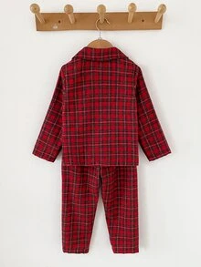 2件組 秋冬女童幼兒居家服 INS風 時尚復古紅色格紋 精緻可愛熊口袋刺繡 休閒舒適翻領開襟針織外套長袖褲套裝 - 紅色 - 查看 2