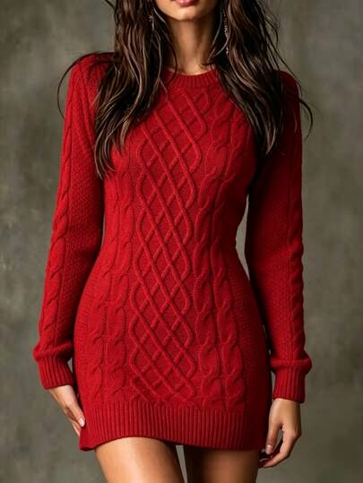 EMERY ROSE 女款純色粗繩編織針織洋裝，適合新年穿著