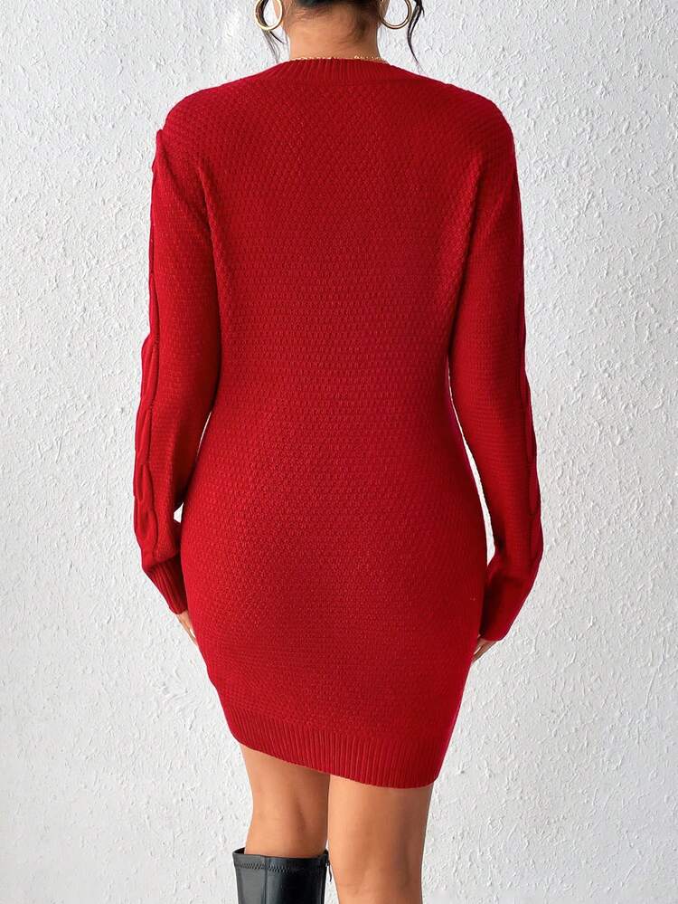 SHEIN Women's Solid Cable Knit Sweater Dress For New Year - Red - View 2
