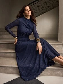 ZEYLAH Ruched Slim Fit Long Dress, Autumn/Winter - Navy Blue - View 4