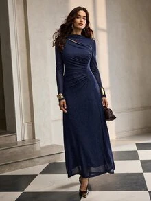 ZEYLAH Ruched Slim Fit Long Dress, Autumn/Winter - Navy Blue - View 6