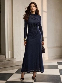 ZEYLAH Ruched Slim Fit Long Dress, Autumn/Winter - Navy Blue - View 1