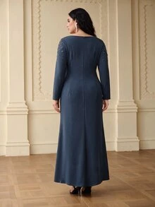 ZEYLAH 大尺碼春夏露肩綴珠長袖魚尾洋裝 秋季 - 藏蓝色 - 查看 6