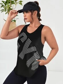 SHEIN Rhythm Era Plus Letter & Striped Print Sports Tank Top - Black - View 3