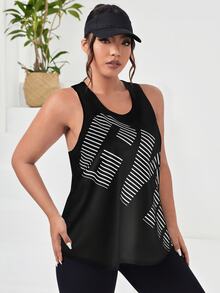 SHEIN Rhythm Era Plus Letter & Striped Print Sports Tank Top - Black - View 4