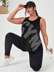 SHEIN Rhythm Era Plus Letter & Striped Print Sports Tank Top - Black - View 1