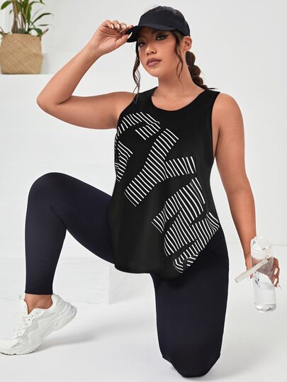 SHEIN Rhythm Era Plus Letter & Striped Print Sports Tank Top