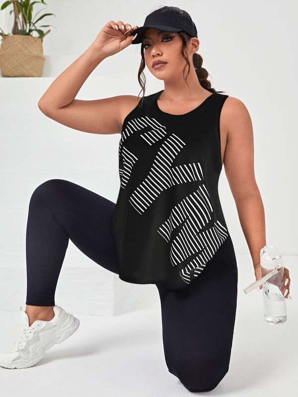 SHEIN Rhythm Era Plus Letter & Striped Print Sports Tank Top